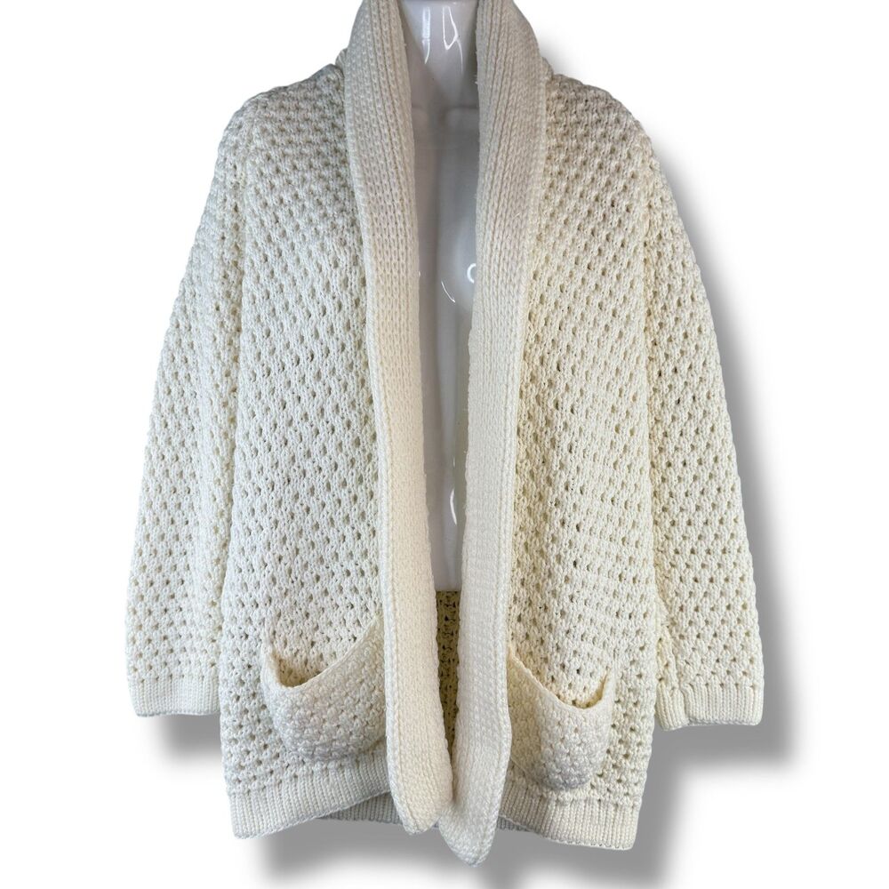 Vintage Hand- Crochet Ivory Chunky Cardigan W/ Pockets Size S/M Fisherman Core